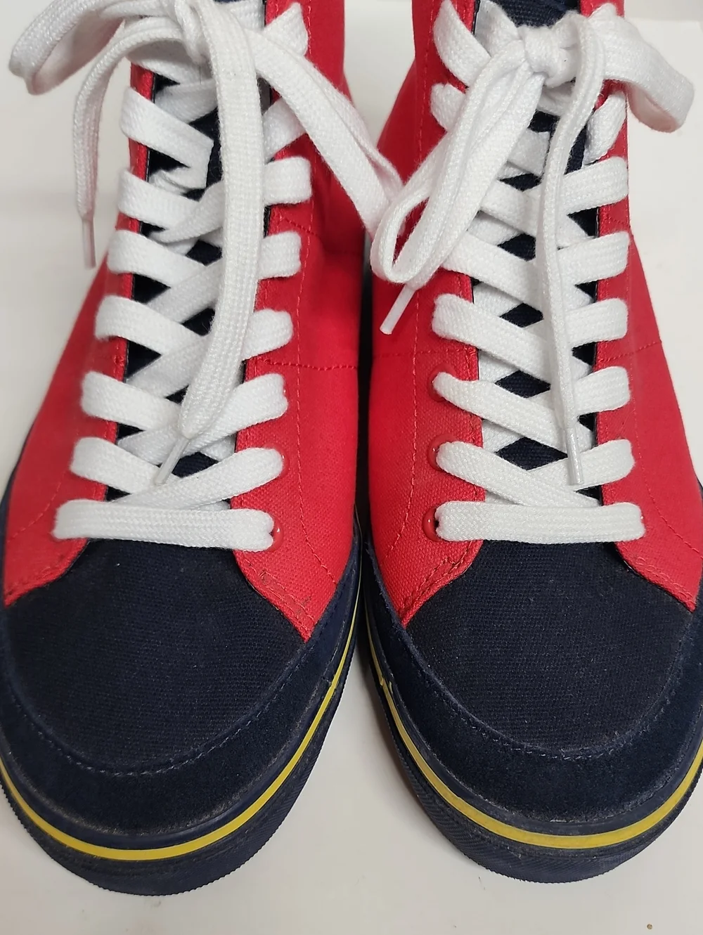 Polo by Ralph Lauren Red Solomon Sz 10.5 High-Top Sneakers with Navy Yellow Trim